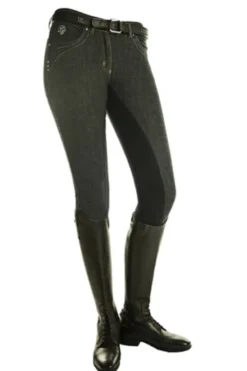 Lauria Garrelli Reithose -Neapel Denim- Alos Dreiviertel Besatz by HKM, Damengrösse 34, jeansblau/du